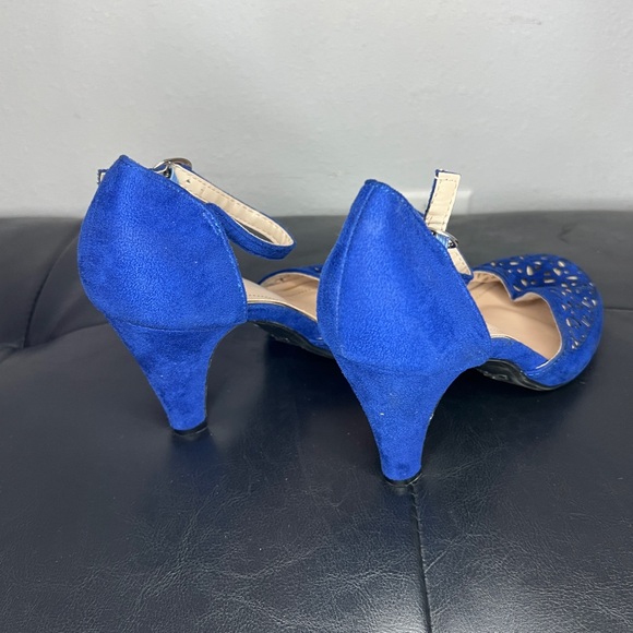 Forever Royal Blue Laser-Cut Ankle-Strap Mid Heels - Picture 2 of 5